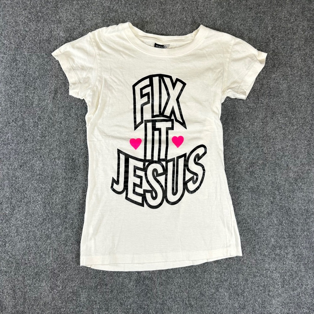Popular Sport Fix It Jesus Graphic Tee White Pink Hearts Small C6150